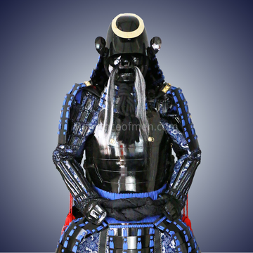 Tachibana Dōsetsu Black and Blue Samurai Armor Tosei Gusoku Style Circle Maedate Black Kozane and Blue Cords